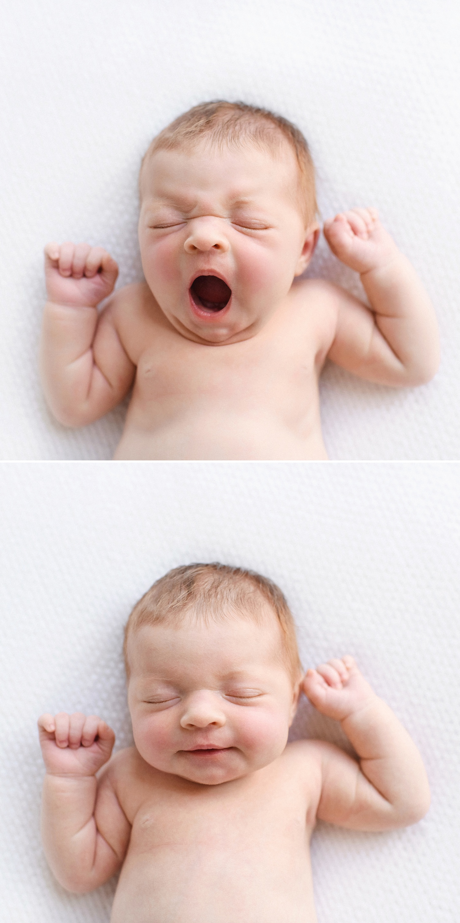 newborn baby yawning and smiling
