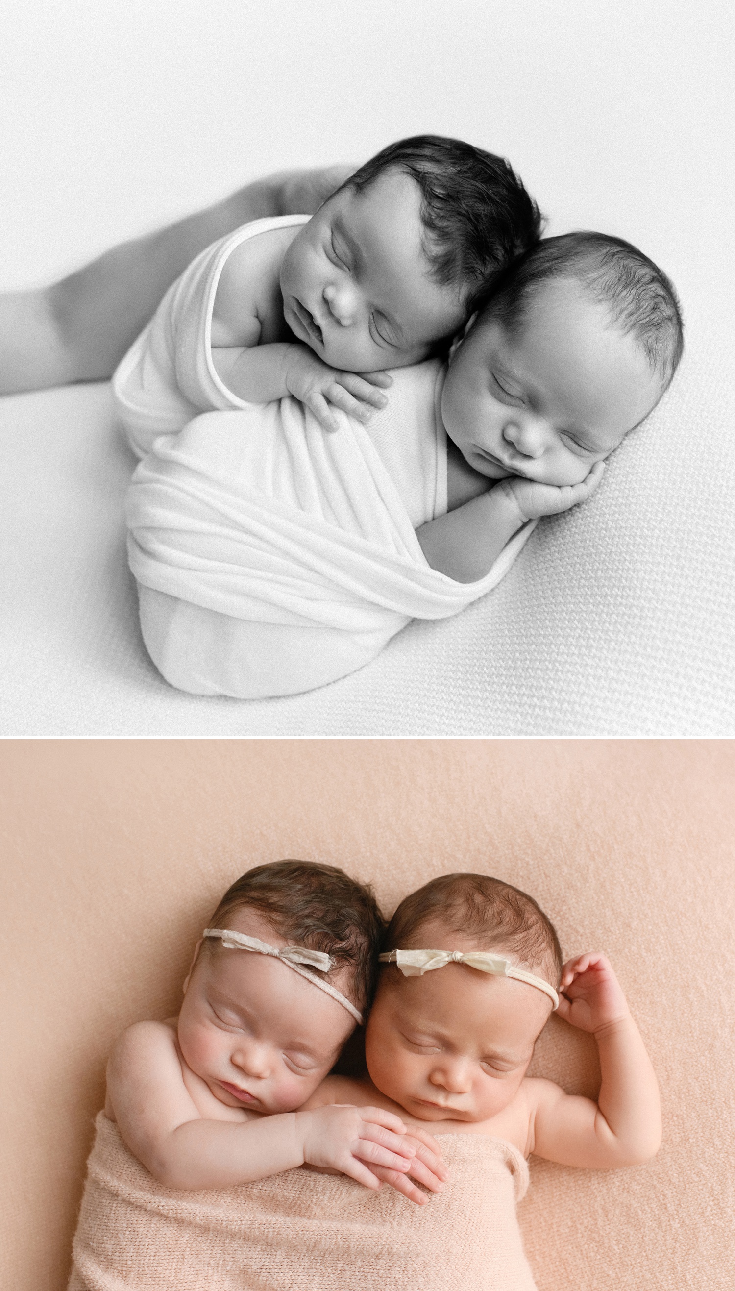 Newborn twins photographed at 3 weeks old at Arcadian Photography's studio in Salem, Oregon.