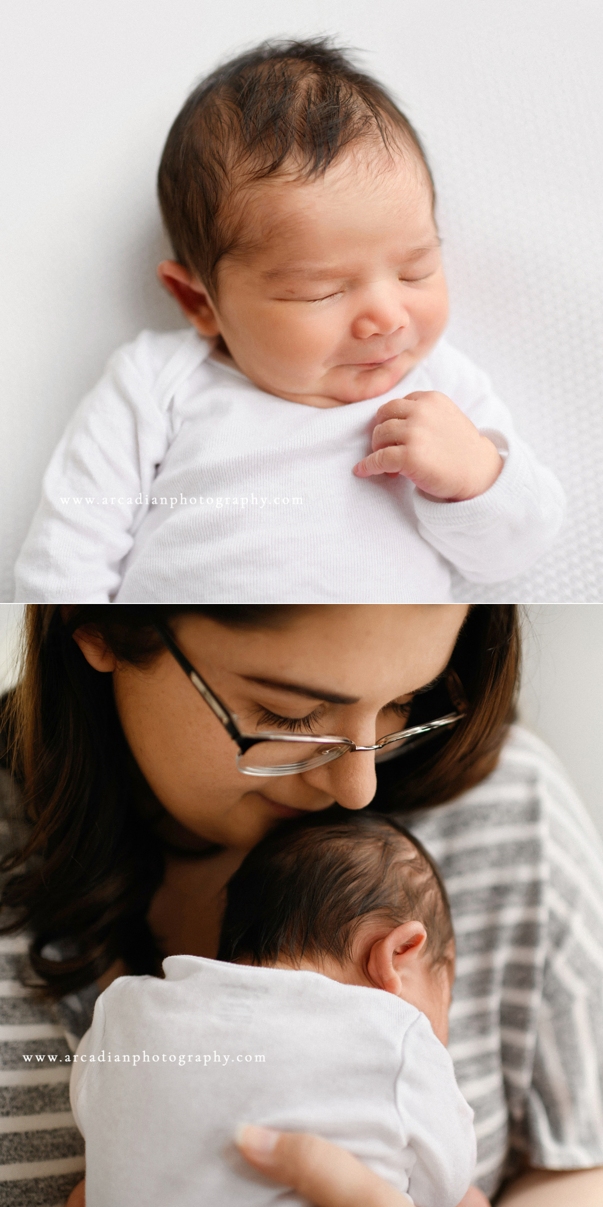 Newborn smiling and snuggled with mom. Learn more about booking newborn photos.