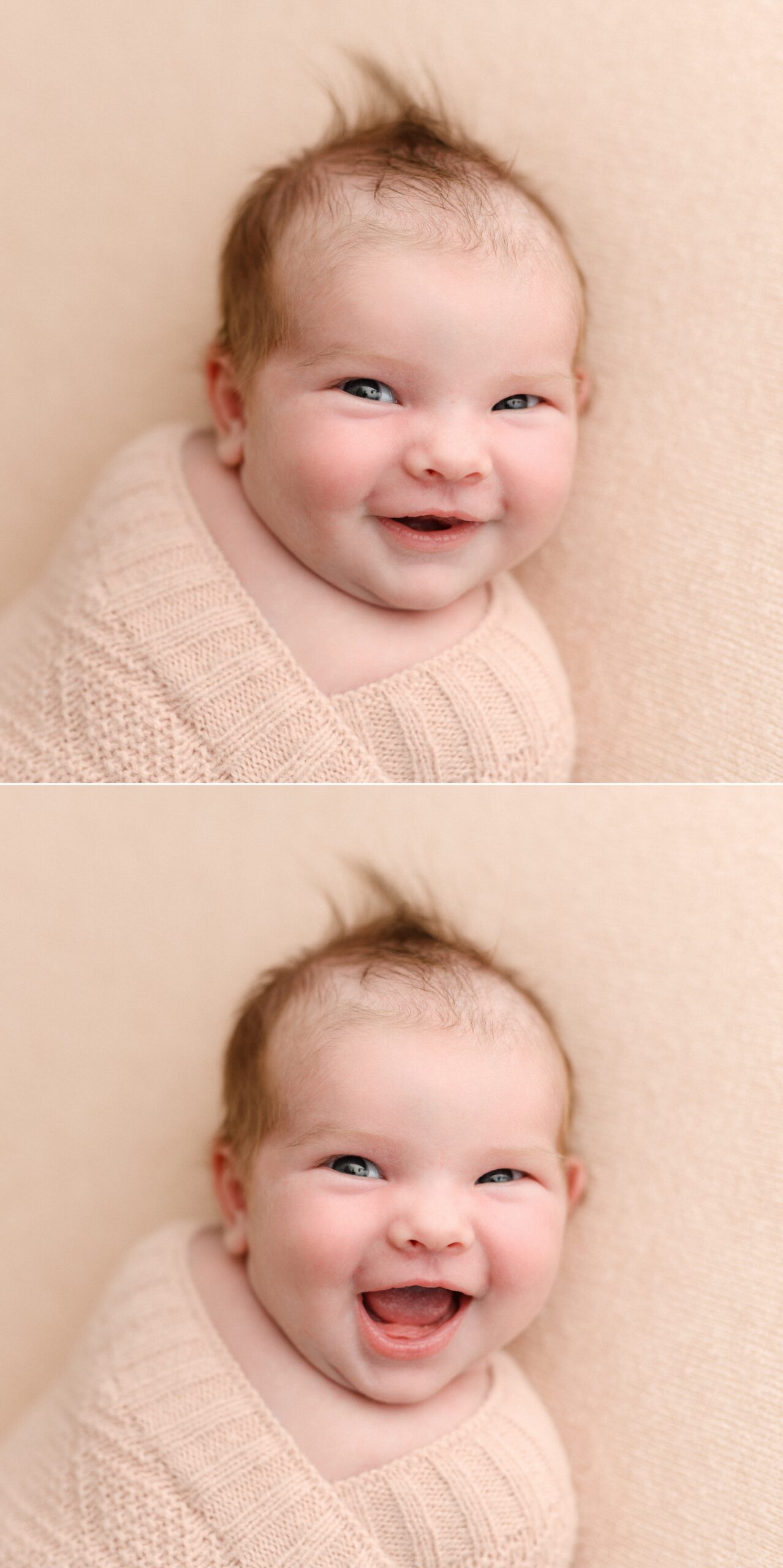 newborn 4 week old girl smiling at her petite newborn session at Arcadian Photography