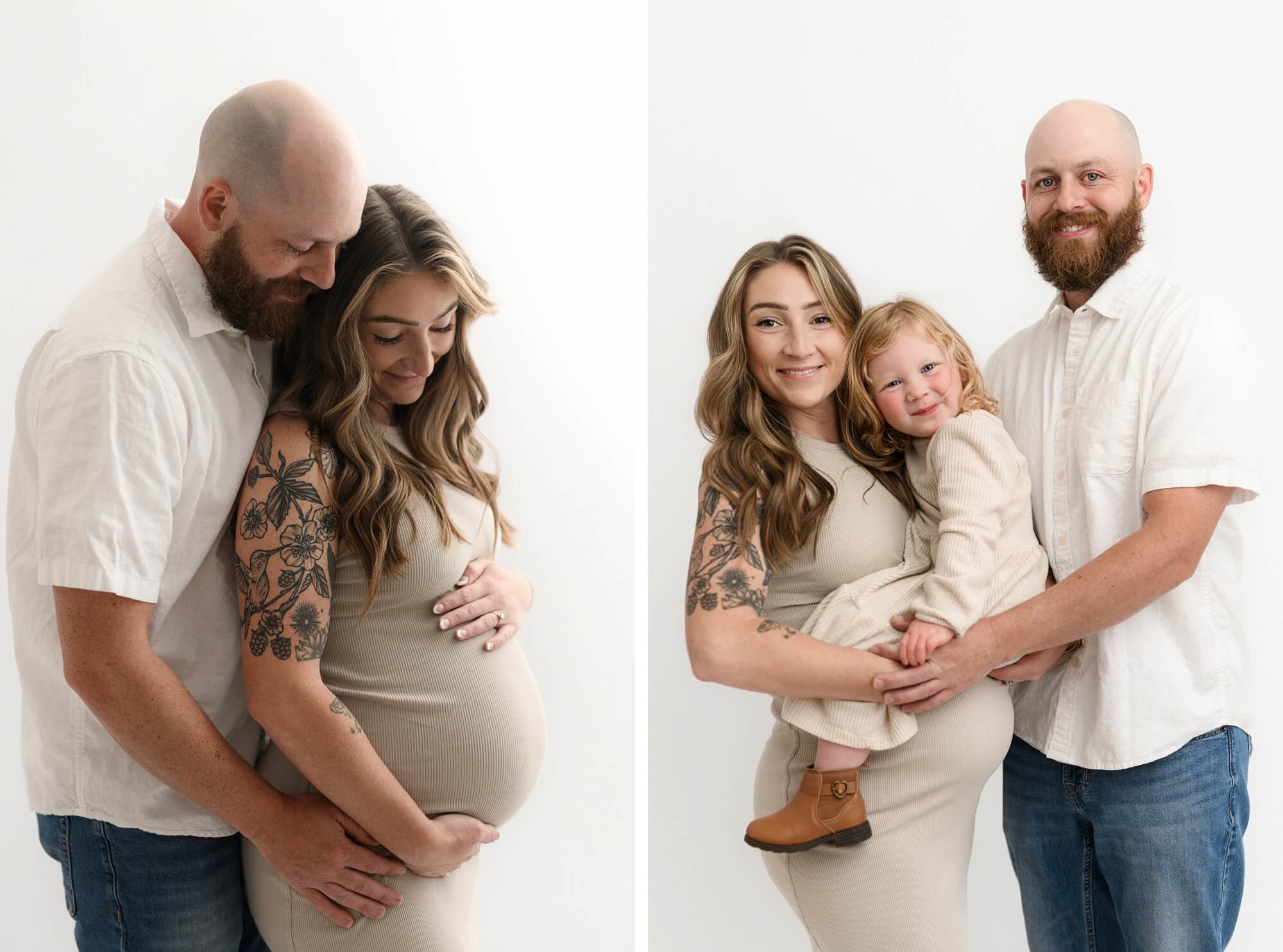 Expecting couple embracing tenderly, father holding mother’s belly during maternity photos with partner and siblings in Portland, Oregon.