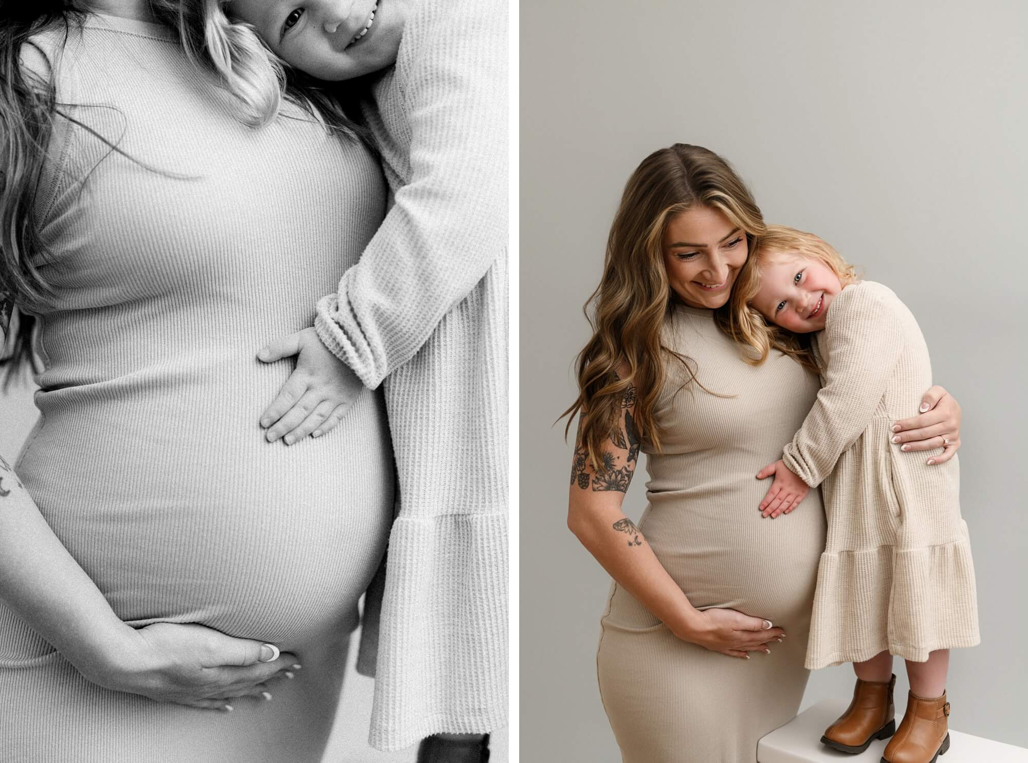 Black-and-white close-up of toddler hugging pregnant mother’s belly during maternity photos with partner and siblings in Portland, Oregon.