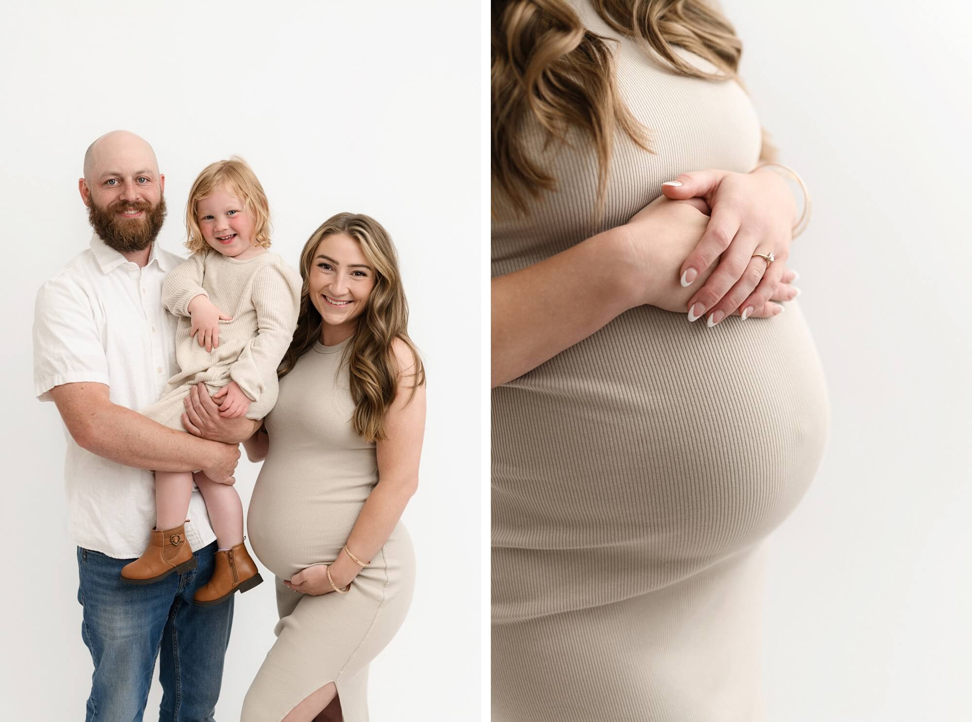 Family of three smiling together, toddler in father’s arms next to expecting mother during maternity photos with partner and siblings in Portland, Oregon.