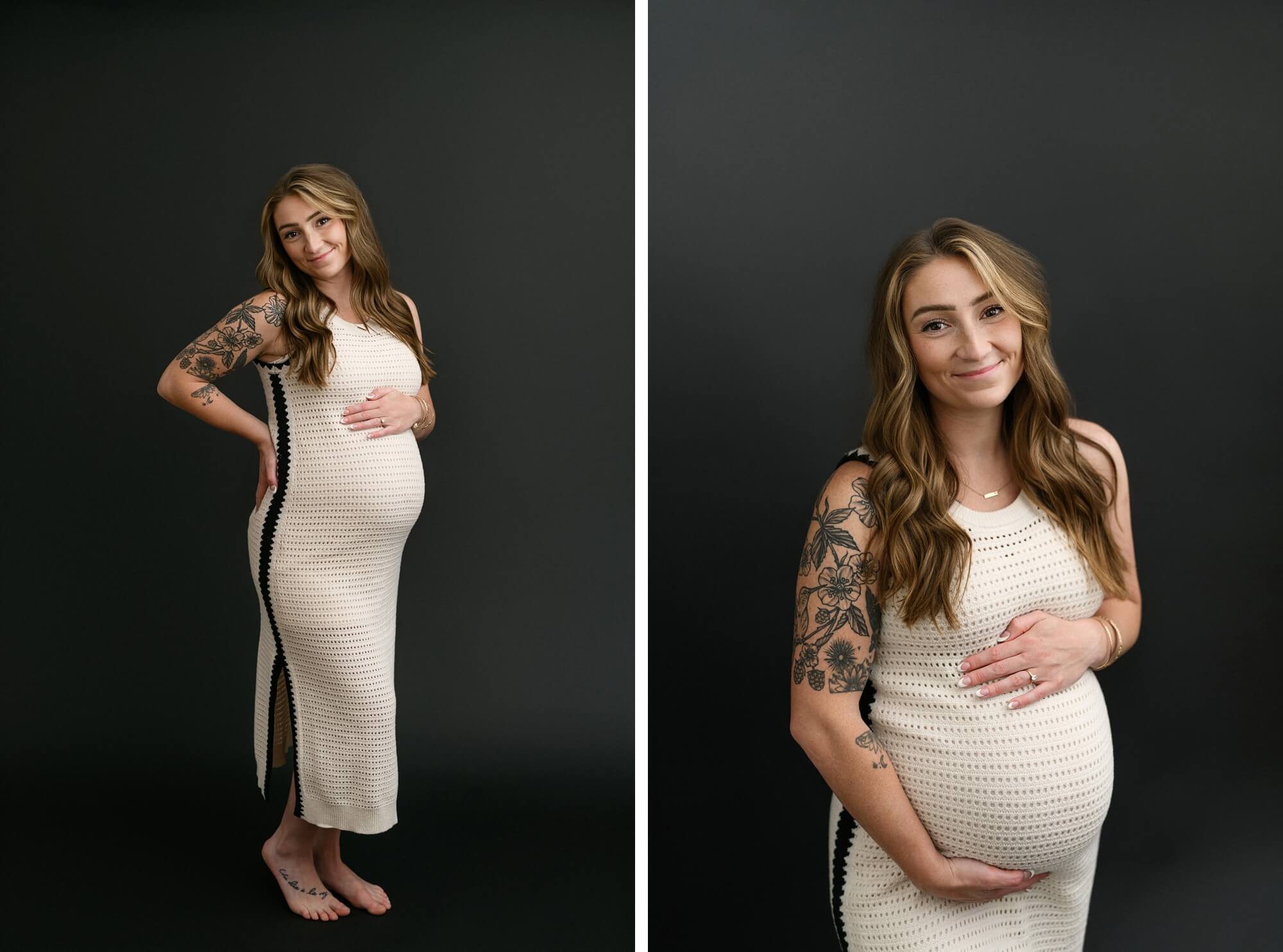 Maternity photos in Salem, Oregon on a dark studio backdrop.