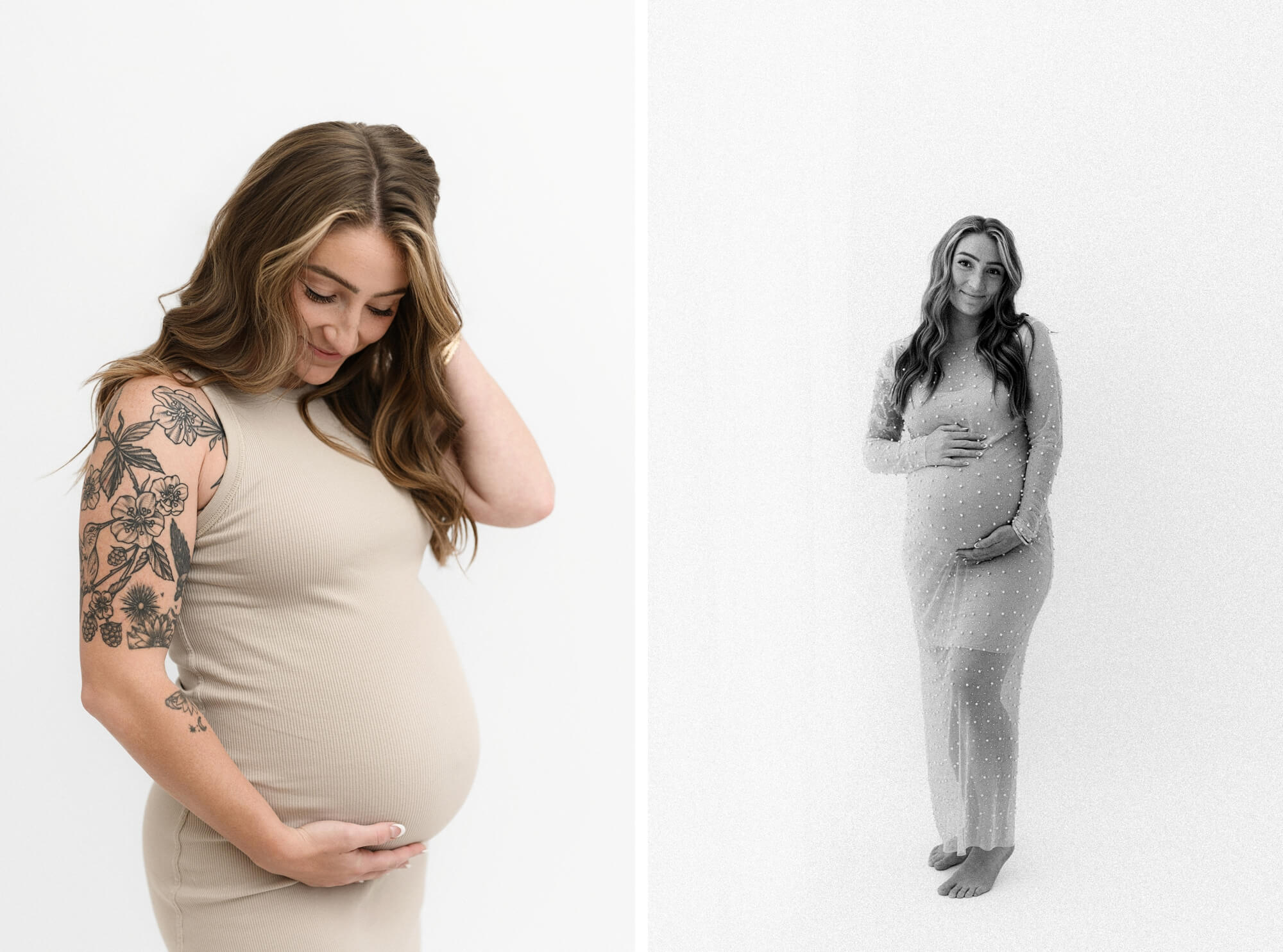 Expecting mother posing naturally for maternity photos in Salem, Oregon portrait studio.