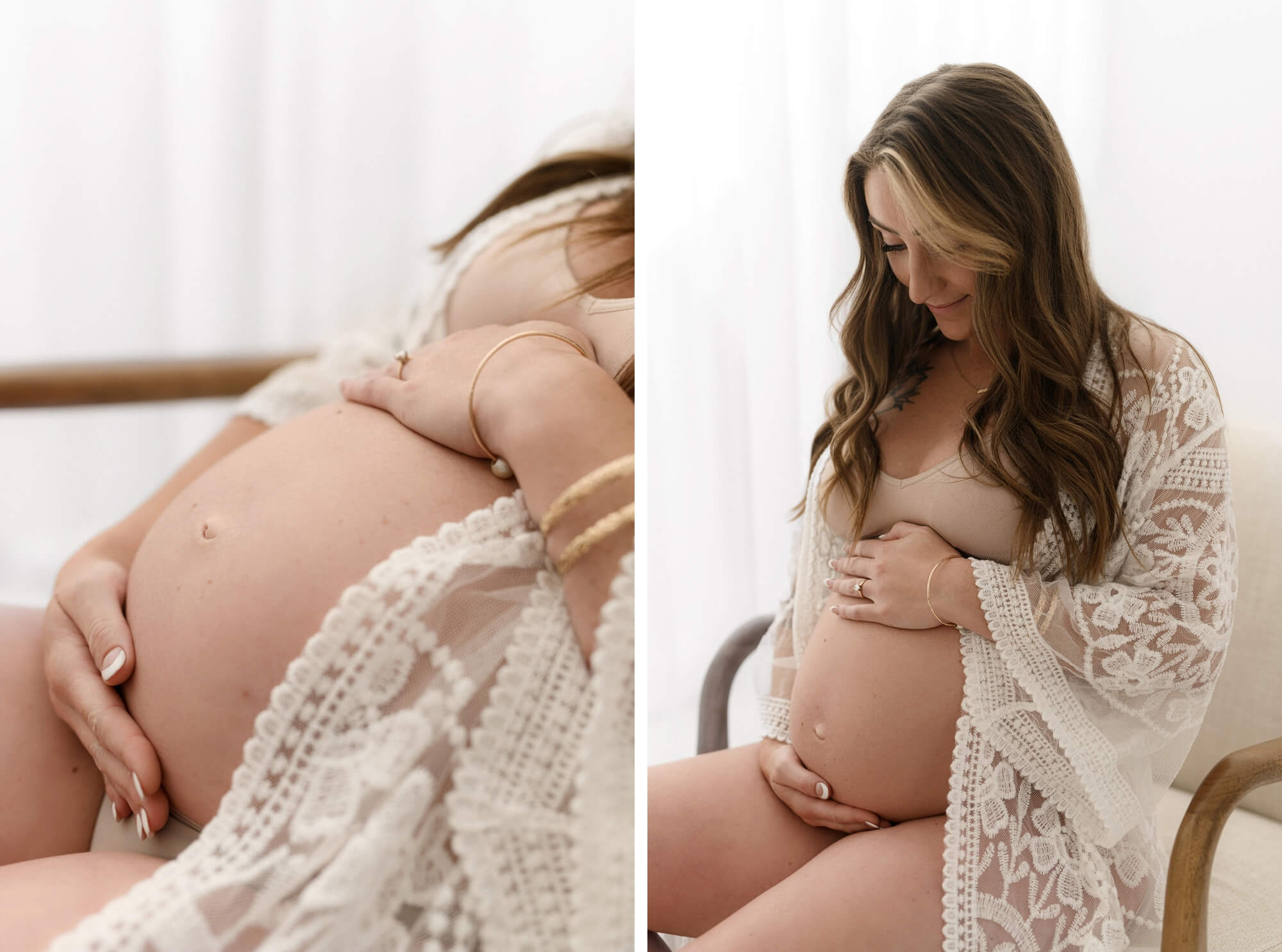 Close-up of pregnant belly in lace robe, hands resting gently, during maternity photos with partner and siblings in Portland, Oregon. Pregnant woman in lace robe seated in natural light, cradling belly during maternity photos with partner and siblings in Portland, Oregon.