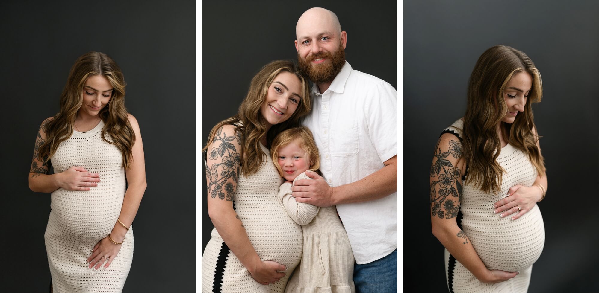 Pregnant mother in crochet dress holding her belly in front of dark backdrop during maternity photos with partner and siblings in Portland, Oregon.