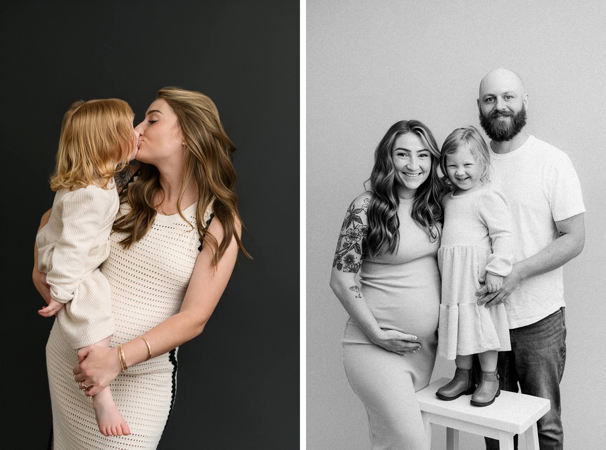 Mother and toddler sharing a kiss in intimate maternity portrait during maternity photos with partner and siblings in Portland, Oregon. Black-and-white studio family portrait with expecting parents and smiling toddler during maternity photos with partner and siblings in Portland, Oregon.