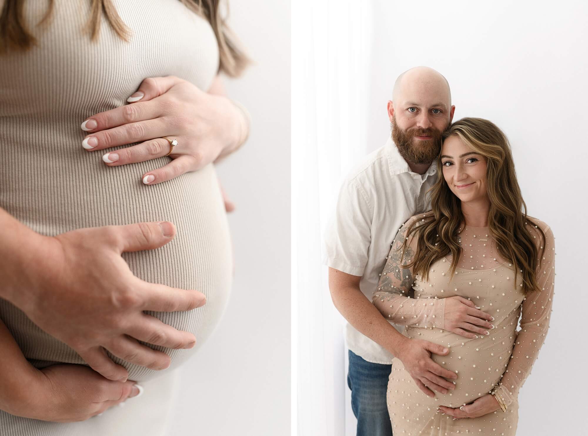 Close-up of expecting couple’s hands on belly in tender maternity photo with partner and siblings in Portland, Oregon. Expecting couple standing together, man’s arms around woman in pearl dress during maternity photos with partner and siblings in Portland, Oregon.