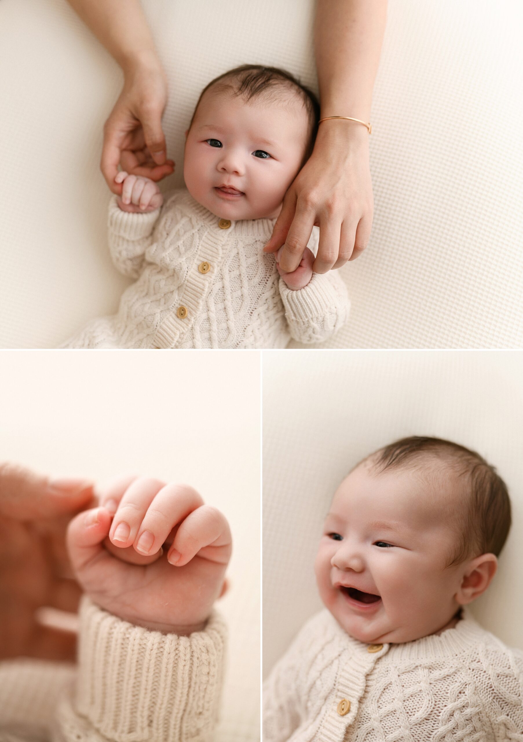 Older newborn baby in cozy knit sweater romper.