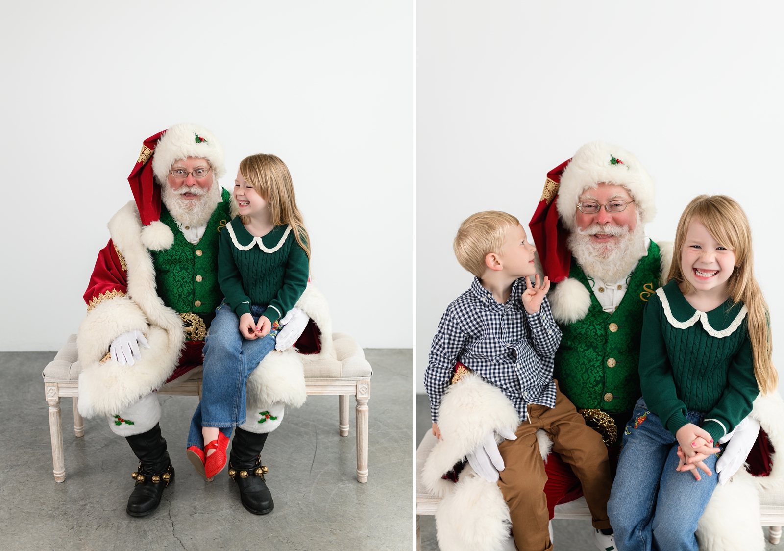 Two children chatting with Santa Claus during a candid Santa mini session.