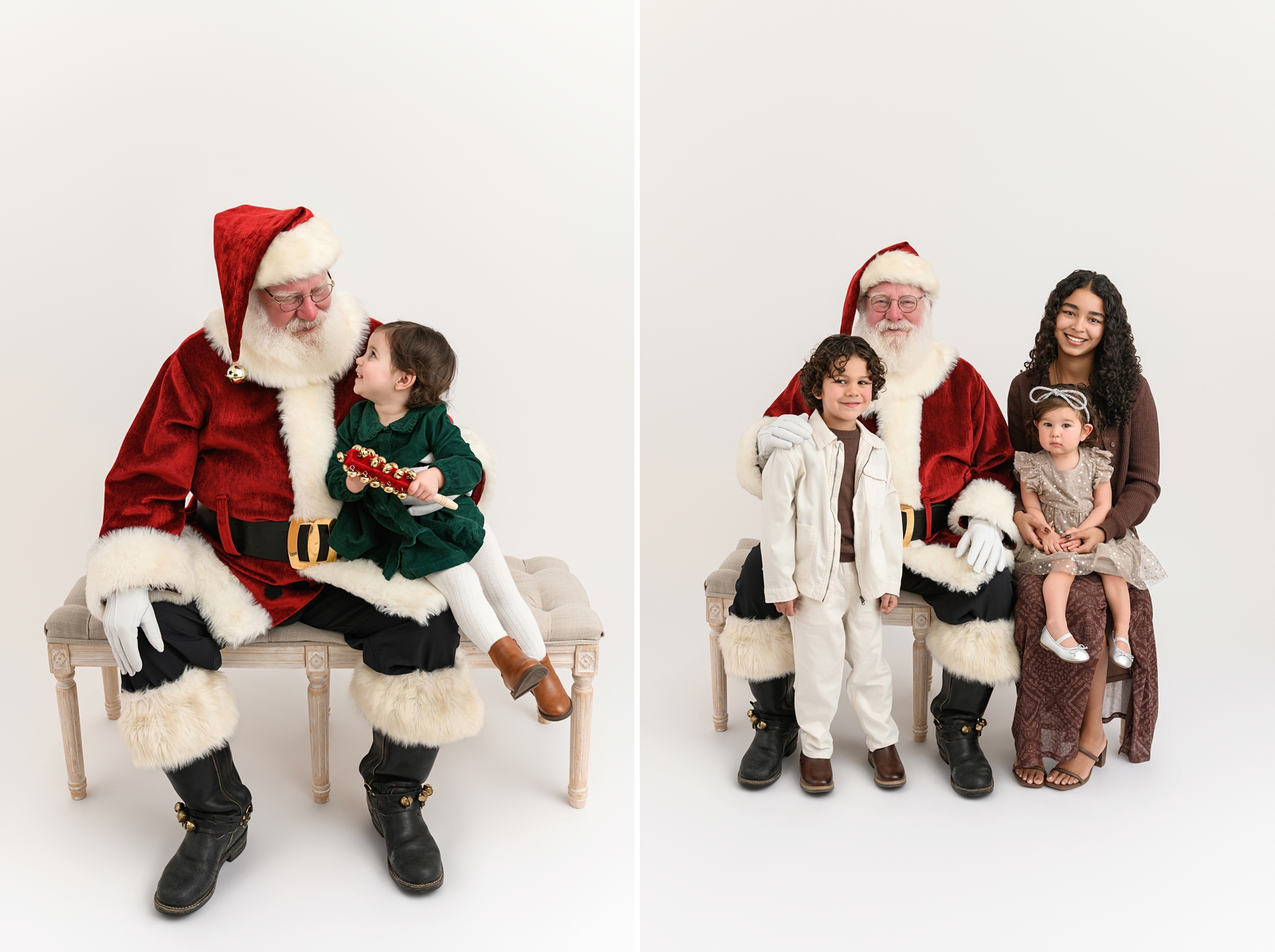 Family wearing timeless Christmas outfits during a Santa photo session.