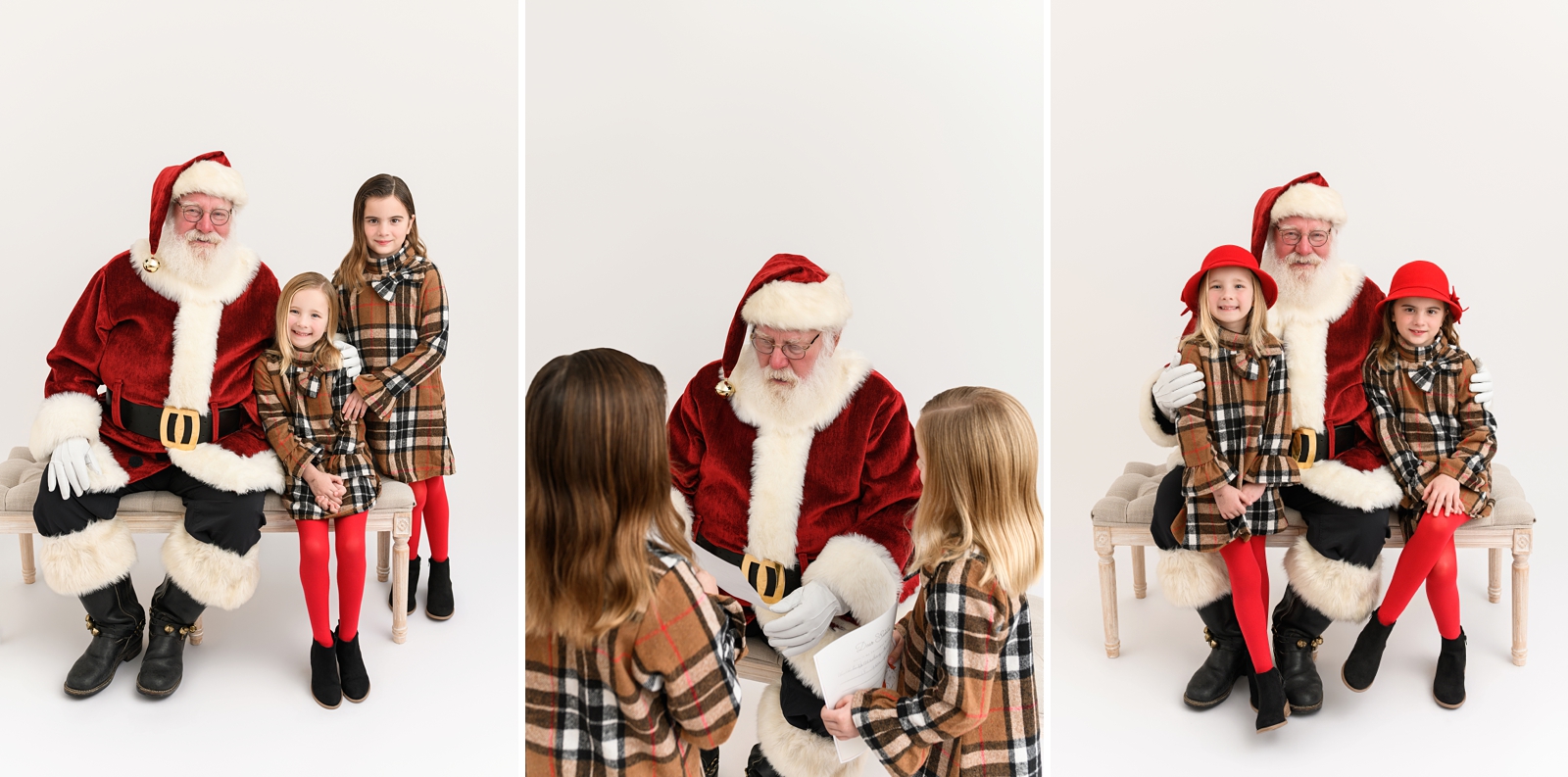 Girls wearing classic plaid dresses with red tights for Santa photos.